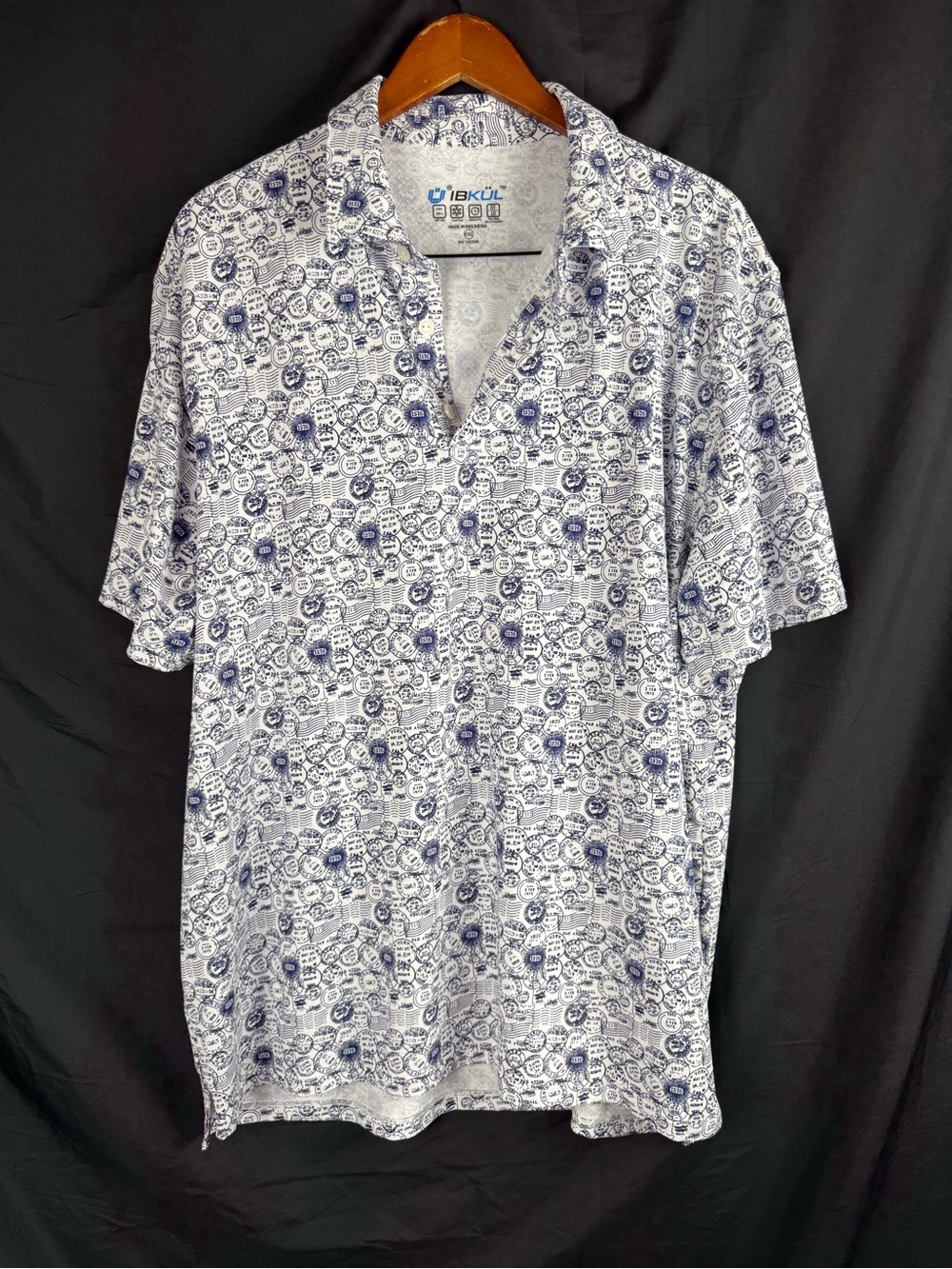 IBKUL Polo Shirt Mens XXL Blue Postage Stamps Print UPF 50+ Golf Cooling